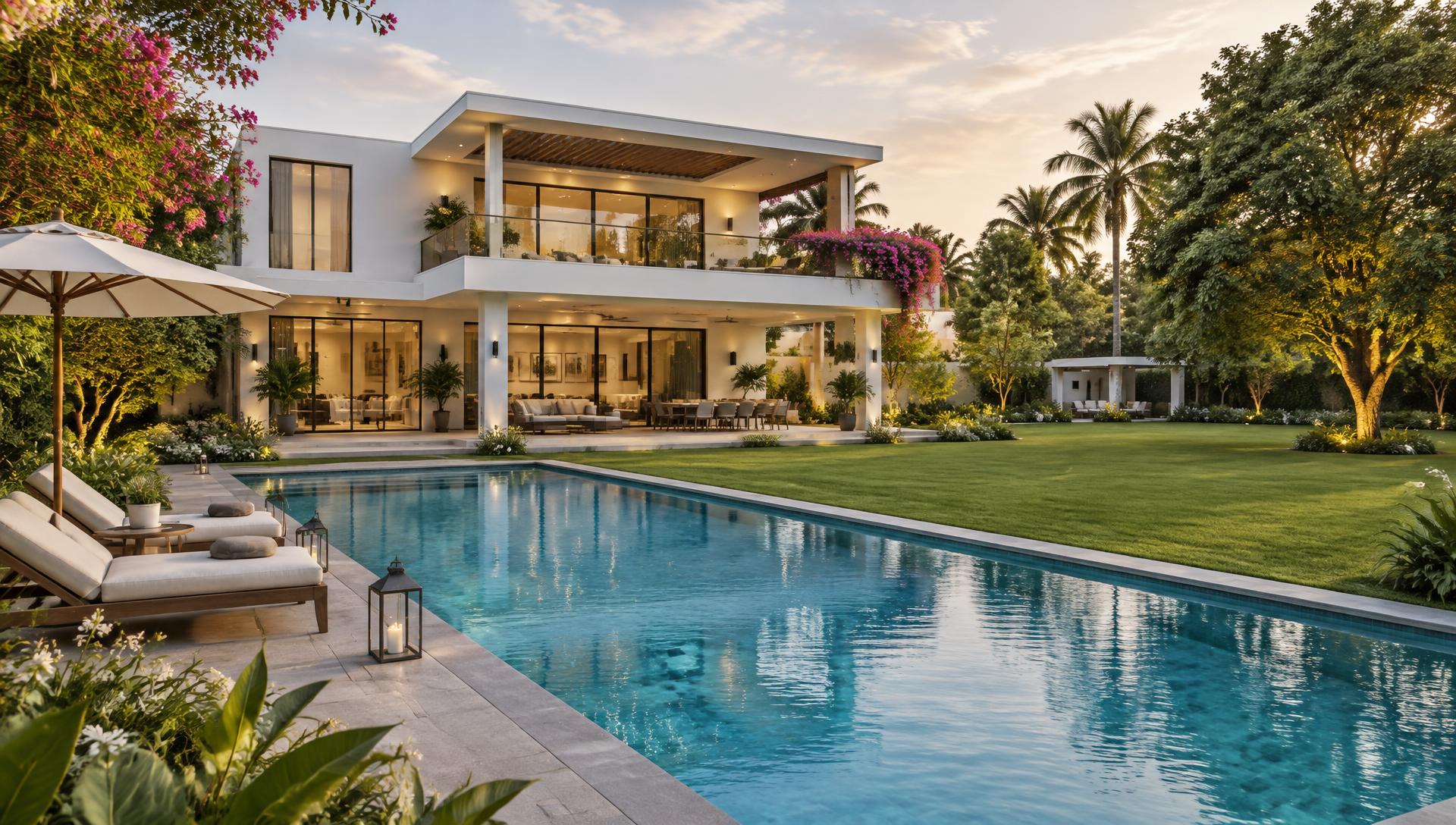 Concept illustration of a peaceful farmhouse with a swimming pool and green lawn